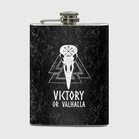 Фляга с принтом Victory or Valhalla в Новосибирске, металлический корпус | емкость 0,22 л, размер 125 х 94 мм. Виниловая наклейка запечатывается полностью | вальхалла | викинг | ворон | символ | скандинавия | череп | язычество