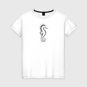 Женская футболка хлопок с принтом Морской конёк в Новосибирске, 100% хлопок | прямой крой, круглый вырез горловины, длина до линии бедер, слегка спущенное плечо | значок | линейный | лого | минимализм | морской конёк | морской обитатель | рыба | чёрно  белый