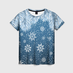 Женская футболка 3D с принтом Снежное Настроенние в Новосибирске, 100% полиэфир ( синтетическое хлопкоподобное полотно) | прямой крой, круглый вырез горловины, длина до линии бедер | елочные иголки | новый год | рисунок | снег | снежинки