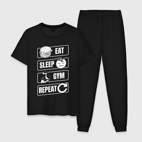 Мужская пижама хлопок с принтом Eat Sleep Gym Repeat в Новосибирске, 100% хлопок | брюки и футболка прямого кроя, без карманов, на брюках мягкая резинка на поясе и по низу штанин
 | Тематика изображения на принте: eat sleep | gym repeat | бодибилдинг | качалка | мотивация | спорт | фитнес