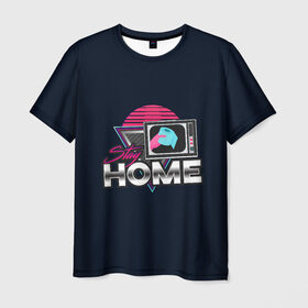 Мужская футболка 3D с принтом Stay Home в Новосибирске, 100% полиэфир | прямой крой, круглый вырез горловины, длина до линии бедер | коронавирус | мем | неон | ретро | самоизоляция | социальная дистанция | туалетная бумага