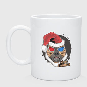 Кружка с принтом Christmas Dog в Новосибирске, керамика | объем — 330 мл, диаметр — 80 мм. Принт наносится на бока кружки, можно сделать два разных изображения | Тематика изображения на принте: art | christmas | dog | new year | santa hat | арт | новый год | очки | пес | рождество | собака | шапка санты