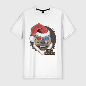 Мужская футболка хлопок Slim с принтом Christmas Dog в Новосибирске, 92% хлопок, 8% лайкра | приталенный силуэт, круглый вырез ворота, длина до линии бедра, короткий рукав | art | christmas | dog | new year | santa hat | арт | новый год | очки | пес | рождество | собака | шапка санты