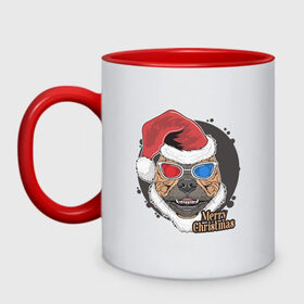 Кружка двухцветная с принтом Christmas Dog в Новосибирске, керамика | объем — 330 мл, диаметр — 80 мм. Цветная ручка и кайма сверху, в некоторых цветах — вся внутренняя часть | art | christmas | dog | new year | santa hat | арт | новый год | очки | пес | рождество | собака | шапка санты