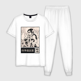 Мужская пижама хлопок с принтом Самурай фотограф в Новосибирске, 100% хлопок | брюки и футболка прямого кроя, без карманов, на брюках мягкая резинка на поясе и по низу штанин
 | Тематика изображения на принте: art | cyberpunk samurai | foto | ninja | oni | ronin | samurai | shogun | арт | киберпанк самурай | мерч | мужик | мужчина | прикол | путь воина | путь война | ронин | сёгун | сепукку | токио | фото | фотоаппарат | харакири