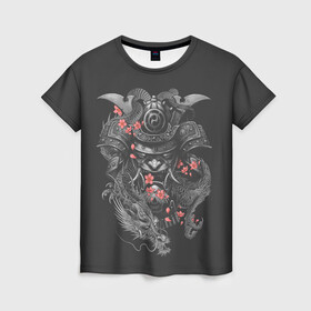 Женская футболка 3D с принтом Самурай и дракон в Новосибирске, 100% полиэфир ( синтетическое хлопкоподобное полотно) | прямой крой, круглый вырез горловины, длина до линии бедер | cherry | flower petals | helmet | japan | katana | ronin | sakura | samurai | вишня | катана | лепестки цветка | ронин | сакура | самурай | шлем | япония