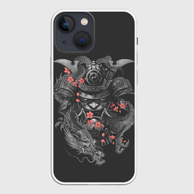 Чехол для iPhone 13 mini с принтом Самурай и дракон в Новосибирске,  |  | cherry | flower petals | helmet | japan | katana | ronin | sakura | samurai | вишня | катана | лепестки цветка | ронин | сакура | самурай | шлем | япония