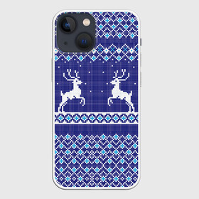 Чехол для iPhone 13 mini с принтом Олени в Новосибирске,  |  | арт | вязаный рисунок | вязь | квадрат | квадраты | линии | линия | ночь | олени | олень | пиксели | пиксель | пиксельный рисунок | полоса | полосы | рисунок | рог | рога | снег | снежинка | снежинки