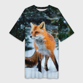 Платье-футболка 3D с принтом Лиса в зимнем лесу в Новосибирске,  |  | fox | foxy | в | животные | звери | зима | зимний | зимняя | лес | лиса | лисичка | лисы | природа | снег | снежная
