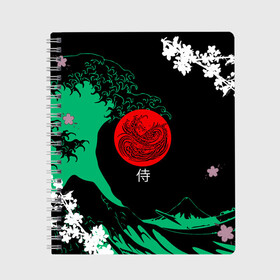 Тетрадь с принтом Japanese style в Новосибирске, 100% бумага | 48 листов, плотность листов — 60 г/м2, плотность картонной обложки — 250 г/м2. Листы скреплены сбоку удобной пружинной спиралью. Уголки страниц и обложки скругленные. Цвет линий — светло-серый
 | ninja | samurai | больгая волна | дракон | иероглиф | ниндзя | природа | самурай | япония | японское искусство