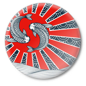 Значок с принтом Карпы Кои в Новосибирске,  металл | круглая форма, металлическая застежка в виде булавки | Тематика изображения на принте: бамбук | инь янь | карп | кои | рыба | узор | япония
