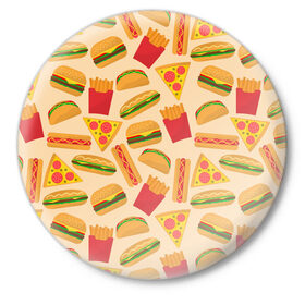 Значок с принтом Фастфуд в Новосибирске,  металл | круглая форма, металлическая застежка в виде булавки | Тематика изображения на принте: бургер | еда | картошка фри | пицца | такос | фастфуд | хот дог