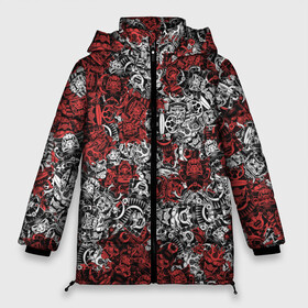 Женская зимняя куртка 3D с принтом Красные и Белые самураи в Новосибирске, верх — 100% полиэстер; подкладка — 100% полиэстер; утеплитель — 100% полиэстер | длина ниже бедра, силуэт Оверсайз. Есть воротник-стойка, отстегивающийся капюшон и ветрозащитная планка. 

Боковые карманы с листочкой на кнопках и внутренний карман на молнии | bushido | samurai | белый | бусидо | воин | демон | красный | маска | паттерн | самурай | сёгун | япония