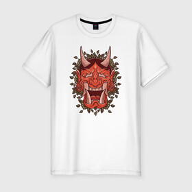 Мужская футболка хлопок Slim с принтом Oni demon samurai mask в Новосибирске, 92% хлопок, 8% лайкра | приталенный силуэт, круглый вырез ворота, длина до линии бедра, короткий рукав | art | cyberpunk samurai | ninja | oni | ronin | samurai | shogun | yakuza | арт | воин | воитель | демон | киберпанк самурай | мерч | мужик | мужчина | они | путь воина | путь война | ронин | сёгун | сепукку | токио | черный самурай