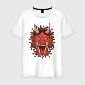 Мужская футболка хлопок с принтом Oni demon samurai mask в Новосибирске, 100% хлопок | прямой крой, круглый вырез горловины, длина до линии бедер, слегка спущенное плечо. | art | cyberpunk samurai | ninja | oni | ronin | samurai | shogun | yakuza | арт | воин | воитель | демон | киберпанк самурай | мерч | мужик | мужчина | они | путь воина | путь война | ронин | сёгун | сепукку | токио | черный самурай
