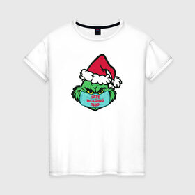 Женская футболка хлопок с принтом Covid Grinch в Новосибирске, 100% хлопок | прямой крой, круглый вырез горловины, длина до линии бедер, слегка спущенное плечо | 2020 | 2021 | christmas | grinch | new year | гринч | зима | новогодняя | новогодняя маска | новый год | рождество | снег