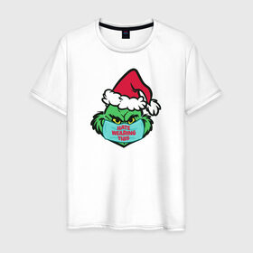 Мужская футболка хлопок с принтом Covid Grinch в Новосибирске, 100% хлопок | прямой крой, круглый вырез горловины, длина до линии бедер, слегка спущенное плечо. | 2020 | 2021 | christmas | grinch | new year | гринч | зима | новогодняя | новогодняя маска | новый год | рождество | снег