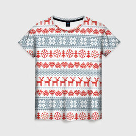 Женская футболка 3D с принтом Новогодний пиксельный узор в Новосибирске, 100% полиэфир ( синтетическое хлопкоподобное полотно) | прямой крой, круглый вырез горловины, длина до линии бедер | christmas | deer | hearts | new year | pattern | pixels | snowflakes | trees | елки | новый год | олени | пиксели | рождество | сердечки | снежинки | узор