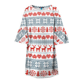 Детское платье 3D с принтом Новогодний пиксельный узор в Новосибирске, 100% полиэстер | прямой силуэт, чуть расширенный к низу. Круглая горловина, на рукавах — воланы | christmas | deer | hearts | new year | pattern | pixels | snowflakes | trees | елки | новый год | олени | пиксели | рождество | сердечки | снежинки | узор