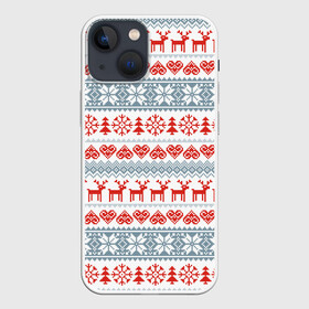 Чехол для iPhone 13 mini с принтом Новогодний пиксельный узор в Новосибирске,  |  | Тематика изображения на принте: christmas | deer | hearts | new year | pattern | pixels | snowflakes | trees | елки | новый год | олени | пиксели | рождество | сердечки | снежинки | узор
