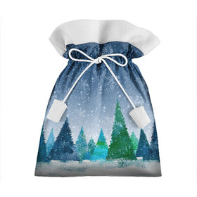 Подарочный 3D мешок с принтом Снежинки в лесу в Новосибирске, 100% полиэстер | Размер: 29*39 см | Тематика изображения на принте: winter | елки | елки в лесу | зимний лес | новогодняя | новый год | снежинки