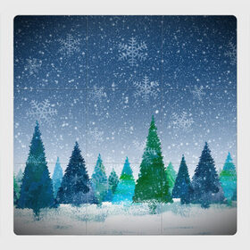 Магнитный плакат 3Х3 с принтом Снежинки в лесу в Новосибирске, Полимерный материал с магнитным слоем | 9 деталей размером 9*9 см | Тематика изображения на принте: winter | елки | елки в лесу | зимний лес | новогодняя | новый год | снежинки