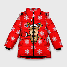 Зимняя куртка для девочек 3D с принтом Оленёнок в снежинках в Новосибирске, ткань верха — 100% полиэстер; подклад — 100% полиэстер, утеплитель — 100% полиэстер. | длина ниже бедра, удлиненная спинка, воротник стойка и отстегивающийся капюшон. Есть боковые карманы с листочкой на кнопках, утяжки по низу изделия и внутренний карман на молнии. 

Предусмотрены светоотражающий принт на спинке, радужный светоотражающий элемент на пуллере молнии и на резинке для утяжки. | 2021 | 2021 год быка | happy new year | new year | new year 2021 | бык | год быка | дохлая мышь | качок | крыса | мышцы | мышь | надпись | новый год | новый год 2021 | рога | рождество 2021