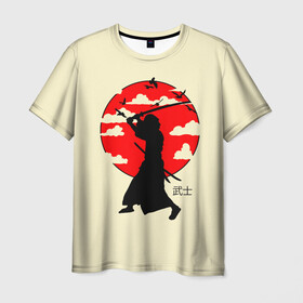 Мужская футболка 3D с принтом Japan samurai в Новосибирске, 100% полиэфир | прямой крой, круглый вырез горловины, длина до линии бедер | boy | japan style | japanese aesthetics | ninja | samurai | воин | иероглифы | катана | красная луна | меч | ниндзя | рыцарь | самурай | солдат | харакири | черный самурай | япония | японская анимация | японская эстетика