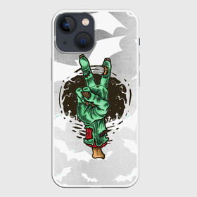 Чехол для iPhone 13 mini с принтом Zombie peace hand в Новосибирске,  |  | creepy | dead | evil | halloween | hand | zombie | зомби | кости | мертвец | рука | скелет | ужас | ужасы | хоррор | хоррор мерч | хэллоуин