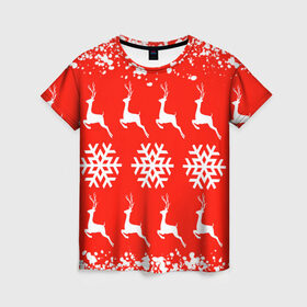 Женская футболка 3D с принтом New Year в Новосибирске, 100% полиэфир ( синтетическое хлопкоподобное полотно) | прямой крой, круглый вырез горловины, длина до линии бедер | christmas toys | deer | new year | red | snow | snowflakes | tree | елка | красный | новогодние игрушки | новый год | олени | свитер с оленями | снег | снежинки | футболка с оленями