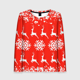 Женский лонгслив 3D с принтом New Year в Новосибирске, 100% полиэстер | длинные рукава, круглый вырез горловины, полуприлегающий силуэт | christmas toys | deer | new year | red | snow | snowflakes | tree | елка | красный | новогодние игрушки | новый год | олени | свитер с оленями | снег | снежинки | футболка с оленями