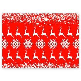 Поздравительная открытка с принтом New Year в Новосибирске, 100% бумага | плотность бумаги 280 г/м2, матовая, на обратной стороне линовка и место для марки
 | christmas toys | deer | new year | red | snow | snowflakes | tree | елка | красный | новогодние игрушки | новый год | олени | свитер с оленями | снег | снежинки | футболка с оленями