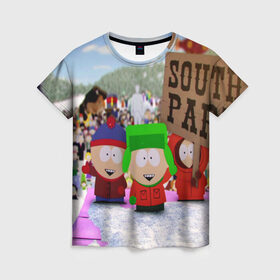 Женская футболка 3D с принтом Южный Парк / South Park . в Новосибирске, 100% полиэфир ( синтетическое хлопкоподобное полотно) | прямой крой, круглый вырез горловины, длина до линии бедер | south park | ubisoft | woodland critter christmas | кенни | мультсериал | стэн | южный парк