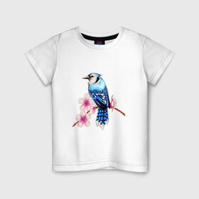 Детская футболка хлопок с принтом Сойка на ветке в Новосибирске, 100% хлопок | круглый вырез горловины, полуприлегающий силуэт, длина до линии бедер | Тематика изображения на принте: арт | ветка дерева | веточка | веточка дерева | голубая сойка | рисунок | розовые цветы | розовый цветок | сакура | синяя птица ветка | синяя сойка | сойка | цветок | цветы