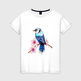 Женская футболка хлопок с принтом Сойка на ветке в Новосибирске, 100% хлопок | прямой крой, круглый вырез горловины, длина до линии бедер, слегка спущенное плечо | арт | ветка дерева | веточка | веточка дерева | голубая сойка | рисунок | розовые цветы | розовый цветок | сакура | синяя птица ветка | синяя сойка | сойка | цветок | цветы