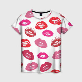 Женская футболка 3D с принтом Губы в Новосибирске, 100% полиэфир ( синтетическое хлопкоподобное полотно) | прямой крой, круглый вырез горловины, длина до линии бедер | Тематика изображения на принте: арт | бардовый | губы | косметика | красный | помада | поцелуи | поцелуй | рисунок | розовый