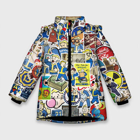 Зимняя куртка для девочек 3D с принтом FALLOUT STICKER BOMBING в Новосибирске, ткань верха — 100% полиэстер; подклад — 100% полиэстер, утеплитель — 100% полиэстер. | длина ниже бедра, удлиненная спинка, воротник стойка и отстегивающийся капюшон. Есть боковые карманы с листочкой на кнопках, утяжки по низу изделия и внутренний карман на молнии. 

Предусмотрены светоотражающий принт на спинке, радужный светоотражающий элемент на пуллере молнии и на резинке для утяжки. | Тематика изображения на принте: fallout sticker | атомный | волт бой | герой | игра | персонаж | радиация | стикер бомбинг | фаллаут | фоллаут | человечек