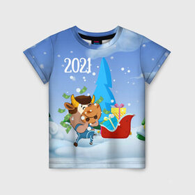 Детская футболка 3D с принтом Новый год 2021 в Новосибирске, 100% гипоаллергенный полиэфир | прямой крой, круглый вырез горловины, длина до линии бедер, чуть спущенное плечо, ткань немного тянется | 2021 | 7 января | bull | newyear | santa | бык | быки | бычок | год быка | дед мороз | корова | новогодние каникулы | новогодние праздники | новый 2021 | новый год | новый год 2021 | рождество | сани | санта | санта клаус