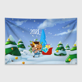 Флаг-баннер с принтом Новый год 2021 в Новосибирске, 100% полиэстер | размер 67 х 109 см, плотность ткани — 95 г/м2; по краям флага есть четыре люверса для крепления | 2021 | 7 января | bull | newyear | santa | бык | быки | бычок | год быка | дед мороз | корова | новогодние каникулы | новогодние праздники | новый 2021 | новый год | новый год 2021 | рождество | сани | санта | санта клаус
