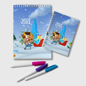 Блокнот с принтом Новый год 2021 в Новосибирске, 100% бумага | 48 листов, плотность листов — 60 г/м2, плотность картонной обложки — 250 г/м2. Листы скреплены удобной пружинной спиралью. Цвет линий — светло-серый
 | 2021 | 7 января | bull | newyear | santa | бык | быки | бычок | год быка | дед мороз | корова | новогодние каникулы | новогодние праздники | новый 2021 | новый год | новый год 2021 | рождество | сани | санта | санта клаус