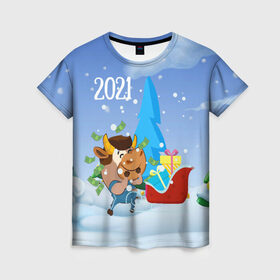 Женская футболка 3D с принтом Новый год 2021 в Новосибирске, 100% полиэфир ( синтетическое хлопкоподобное полотно) | прямой крой, круглый вырез горловины, длина до линии бедер | 2021 | 7 января | bull | newyear | santa | бык | быки | бычок | год быка | дед мороз | корова | новогодние каникулы | новогодние праздники | новый 2021 | новый год | новый год 2021 | рождество | сани | санта | санта клаус