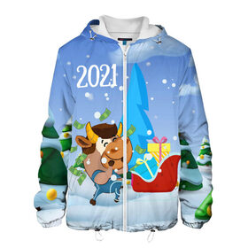 Мужская куртка 3D с принтом Новый год 2021 в Новосибирске, ткань верха — 100% полиэстер, подклад — флис | прямой крой, подол и капюшон оформлены резинкой с фиксаторами, два кармана без застежек по бокам, один большой потайной карман на груди. Карман на груди застегивается на липучку | Тематика изображения на принте: 2021 | 7 января | bull | newyear | santa | бык | быки | бычок | год быка | дед мороз | корова | новогодние каникулы | новогодние праздники | новый 2021 | новый год | новый год 2021 | рождество | сани | санта | санта клаус