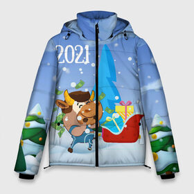 Мужская зимняя куртка 3D с принтом Новый год 2021 в Новосибирске, верх — 100% полиэстер; подкладка — 100% полиэстер; утеплитель — 100% полиэстер | длина ниже бедра, свободный силуэт Оверсайз. Есть воротник-стойка, отстегивающийся капюшон и ветрозащитная планка. 

Боковые карманы с листочкой на кнопках и внутренний карман на молнии. | Тематика изображения на принте: 2021 | 7 января | bull | newyear | santa | бык | быки | бычок | год быка | дед мороз | корова | новогодние каникулы | новогодние праздники | новый 2021 | новый год | новый год 2021 | рождество | сани | санта | санта клаус