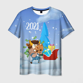 Мужская футболка 3D с принтом Новый год 2021 в Новосибирске, 100% полиэфир | прямой крой, круглый вырез горловины, длина до линии бедер | 2021 | 7 января | bull | newyear | santa | бык | быки | бычок | год быка | дед мороз | корова | новогодние каникулы | новогодние праздники | новый 2021 | новый год | новый год 2021 | рождество | сани | санта | санта клаус