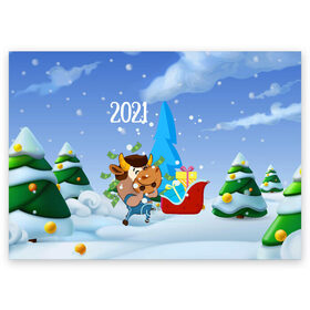 Поздравительная открытка с принтом Новый год 2021 в Новосибирске, 100% бумага | плотность бумаги 280 г/м2, матовая, на обратной стороне линовка и место для марки
 | 2021 | 7 января | bull | newyear | santa | бык | быки | бычок | год быка | дед мороз | корова | новогодние каникулы | новогодние праздники | новый 2021 | новый год | новый год 2021 | рождество | сани | санта | санта клаус