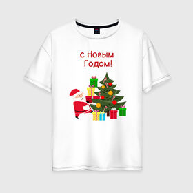 Женская футболка хлопок Oversize с принтом с Новым Годом! в Новосибирске, 100% хлопок | свободный крой, круглый ворот, спущенный рукав, длина до линии бедер
 | 2021 | 7 января | bull | newyear | santa | бык | быки | бычок | год быка | дед мороз | корова | новогодние каникулы | новогодние праздники | новый 2021 | новый год | новый год 2021 | рождество | сани | санта | санта клаус