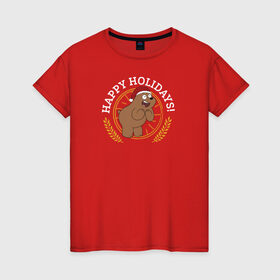 Женская футболка хлопок с принтом Happy holidays! в Новосибирске, 100% хлопок | прямой крой, круглый вырез горловины, длина до линии бедер, слегка спущенное плечо | cartoon network | grizz | vdkimel | we bare bears | вся правда о медведях | гризли