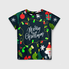 Детская футболка 3D с принтом Merry Christmas в Новосибирске, 100% гипоаллергенный полиэфир | прямой крой, круглый вырез горловины, длина до линии бедер, чуть спущенное плечо, ткань немного тянется | 2020 | 2021 | new year | гирлянда | дед мороз | елка | зеленый | игрушка | клаус | конфеты | нг | новый год | носок | перчатка | подарок | рождество | с | санта | сладости | снег | снеговик | снежинка | шапка | шары
