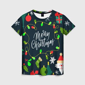Женская футболка 3D с принтом Merry Christmas в Новосибирске, 100% полиэфир ( синтетическое хлопкоподобное полотно) | прямой крой, круглый вырез горловины, длина до линии бедер | 2020 | 2021 | new year | гирлянда | дед мороз | елка | зеленый | игрушка | клаус | конфеты | нг | новый год | носок | перчатка | подарок | рождество | с | санта | сладости | снег | снеговик | снежинка | шапка | шары
