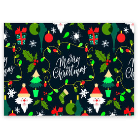 Поздравительная открытка с принтом Merry Christmas в Новосибирске, 100% бумага | плотность бумаги 280 г/м2, матовая, на обратной стороне линовка и место для марки
 | 2020 | 2021 | new year | гирлянда | дед мороз | елка | зеленый | игрушка | клаус | конфеты | нг | новый год | носок | перчатка | подарок | рождество | с | санта | сладости | снег | снеговик | снежинка | шапка | шары